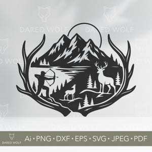Deer Jagd Vektorgrafik | Bogen Jäger SVG für Cricut und Silhouette | Waldszene Digitale Datei | Berg Wildtiere schneiden Design