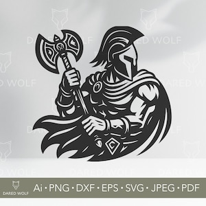 Puede incluir: Ilustración en blanco y negro de un guerrero con casco y capa, empuñando un hacha de doble filo. La imagen tiene un estilo gráfico fuerte. El texto "DARED WOLF" y la información del tipo de archivo están en la parte inferior.