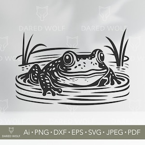 Rana en estanque SVG / Vector de naturaleza anfibia para Cricut y Silhouette / Clipart digital de vida silvestre / Diseño de corte de vinilo de animales de pantano