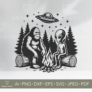 Arte vectorial de Bigfoot y fogata alienígena / Divertido SVG de ovnis para Cricut y Silhouette / Svg digital paranormal / Diseño de fogata forestal para cortar