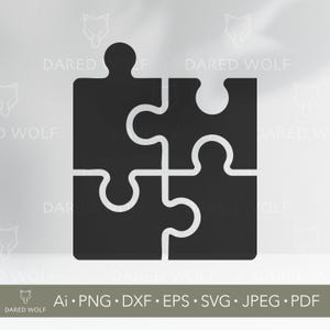 May include: A black jigsaw puzzle graphic composed of four pieces. The image includes the text "DARED WOLF" and file type information: Ai, PNG, DXF, EPS, SVG, JPEG, and PDF.