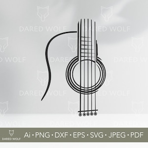May include: Black and white guitar illustration. The design features the outline of a guitar with strings, sound hole, and tuning pegs. The text "DARED WOLF" is visible. File formats: Ai, PNG, DXF, EPS, SVG, JPEG, PDF.