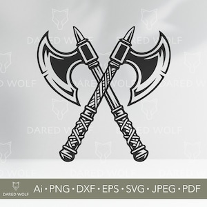 May include: Black and white illustration of two crossed axes. The axes have detailed handles and curved blades. The image includes the text "DARED WOLF" and file type options: Ai, PNG, DXF, EPS, SVG, JPEG, and PDF.