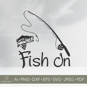 Könnte beinhalten: Schwarz-weißes Silhouettendesign einer Angelrute und eines Fisches mit dem Text "Fish On" darunter.