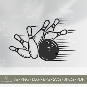 May include: Black and white graphic of a bowling ball striking pins. The ball has three finger holes and is in motion, with speed lines. The pins are falling. The image includes the text "DARED WOLF" and file type information.