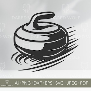 Può includere: Grafica in bianco e nero di una pietra da curling con manico e linee di movimento stilizzate. L'immagine include il testo "DARED WOLF" e le abbreviazioni dei tipi di file: Ai, PNG, DXF, EPS, SVG, JPEG e PDF.
