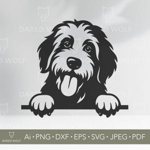 Op de afbeelding: Zwart-wit afbeelding van een hond met zijn tong uit. De hond kijkt over een horizontale lijn, met zijn poten zichtbaar. De afbeelding bevat de tekst "DARED WOLF" en bestandstype-opties.