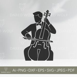 Può includere: Silhouette in bianco e nero di una persona che suona il violoncello. Il musicista indossa uno smoking con papillon. Il violoncello è dettagliato con corde e una forma curva. Sono incluse le opzioni di formato file.