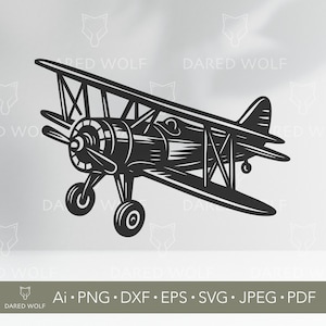ビンテージ複葉機ベクターアート | CricutとSilhouette用レトロ飛行機SVG | 航空クリップアート | ビニールカッティング用飛行機デジタルファイル