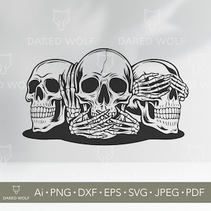 Three Skulls SVG Vector: See No Evil Skeleton Clipart (Digital File)