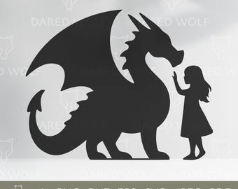 Archivo SVG de corte de dragón y niña: Clipart vectorial de silueta de fantasía