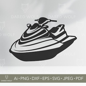 May include: Black and white vector illustration of a jet ski. The design features a detailed outline of the watercraft, including the seat, handlebars, and hull. The image includes the text "DARED WOLF" and file type options.