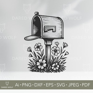 May include: Black and white illustration of a mailbox with an open door, set on a post, surrounded by flowers and foliage. The image includes the text "DARED WOLF" and file type options: Ai, PNG, DXF, EPS, SVG, JPEG, PDF.