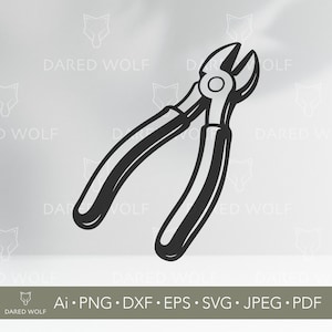 May include: Black and white illustration of diagonal pliers. The tool has curved handles and a cutting head. The image includes the text "DARED WOLF" and file type options: Ai, PNG, DXF, EPS, SVG, JPEG, and PDF.