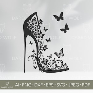 Vectorkunst met bloemen en hoge hak | Vlinderschoen SVG voor Cricut en Silhouette | Elegante mode Svg | Vrouwelijk ontwerp voor het snijden van vinyl