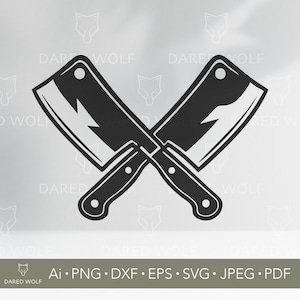 Puede incluir: Gráfico en blanco y negro de dos cuchillos de carnicero cruzados. Los cuchillos tienen hojas rectangulares y mangos de madera. La imagen incluye el texto "DARED WOLF" y opciones de tipo de archivo: Ai, PNG, DXF, EPS, SVG, JPEG y PDF.