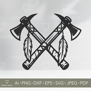 May include: A black and white graphic of two crossed tomahawks with feather pendants. The tomahawks have detailed handles and axe heads. The image includes the text "DARED WOLF" and file type options: Ai, PNG, DXF, EPS, SVG, JPEG, and PDF.