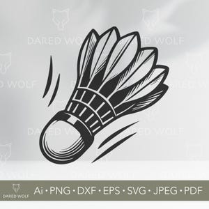May include: Black and white illustration of a badminton shuttlecock in motion. The shuttlecock features a rounded base and feathered top, with curved lines suggesting movement. The image includes file format options.