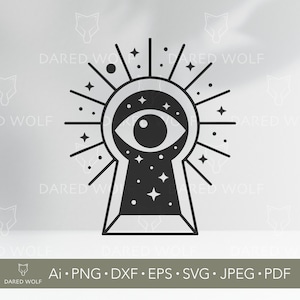 May include: Black and white graphic of an eye within a keyhole, surrounded by radiating lines and stars. The design includes the text "DARED WOLF" and file type options: Ai, PNG, DXF, EPS, SVG, JPEG, and PDF.