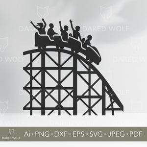 May include: A black silhouette of a roller coaster with passengers raising their arms in excitement. The coaster is on a track with a steep drop. The image includes file format options: Ai, PNG, DXF, EPS, SVG, JPEG, and PDF.