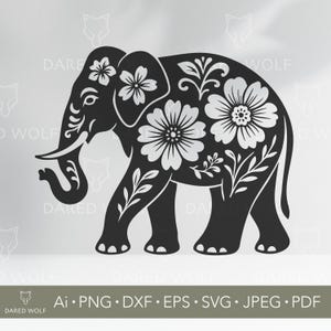 May include: Black silhouette of an elephant with floral designs. The elephant is walking to the right. The flowers are white and have a detailed design.