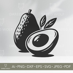 May include: Black and white illustration of an avocado, with one whole avocado and one cut in half, revealing the seed. The image includes the text "DARED WOLF" and file type abbreviations.