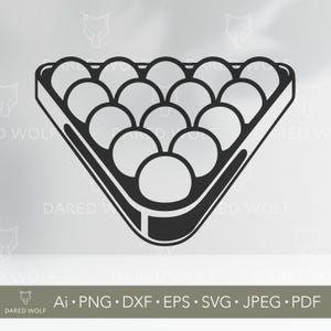 Könnte beinhalten: Schwarz-weiße Grafik eines Billard-Racks, gefüllt mit Billardkugeln. Die Kugeln sind in einer dreieckigen Form angeordnet, mit einem durchgezogenen schwarzen Umriss. Der Text "Ai • PNG • DXF • EPS • SVG • JPEG • PDF" ist enthalten.