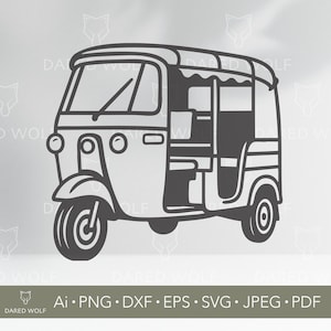 May include: A grayscale illustration of a tuk-tuk, a three-wheeled auto-rickshaw. The vehicle has a rounded roof, a single front wheel, and two rear wheels. The image includes the text "Ai • PNG • DXF • EPS • SVG • JPEG • PDF".