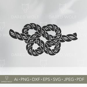 May include: A detailed black and white illustration of a nautical knot, representing unity. The rope knot has a textured appearance. The image includes file format options: Ai, PNG, DXF, EPS, SVG, JPEG, and PDF.