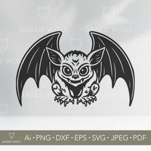 Puede incluir: Ilustración en blanco y negro de una gárgola de dibujos animados con grandes alas, dientes afilados y ojos grandes. La imagen incluye el texto "DARED WOLF" y opciones de tipo de archivo: Ai, PNG, DXF, EPS, SVG, JPEG y PDF.