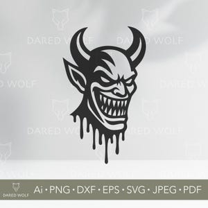 May include: Black devil head graphic with horns, sharp teeth, and dripping effect. The image includes the text "DARED WOLF" and file type options: Ai, PNG, DXF, EPS, SVG, JPEG, and PDF.