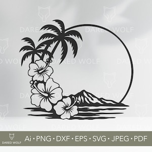 Tropische hibiscuspalm SVG | Strandzonsondergang vectorillustraties voor Cricut en silhouet | Digitaal bestand Island Paradise voor laser- en vinylambachten