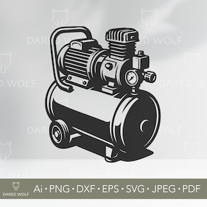May include: Black and white illustration of an air compressor. The design features a cylindrical tank with wheels, a motor, and a pressure gauge. A handle arches over the motor. The image includes the text "Ai • PNG • DXF • EPS • SVG • JPEG • PDF".