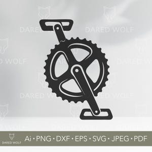 以下が含まれることがあります： ペダルとチェーンリングを備えた黒い自転車クランクセットのシルエット。画像には「DARED WOLF」のテキストとファイルタイプのオプション（Ai、PNG、DXF、EPS、SVG、JPEG、PDF）が含まれています。