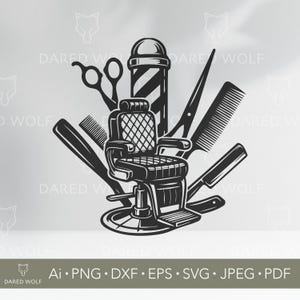 May include: Black and white illustration of a barber chair with a striped barber pole, scissors, combs, and a straight razor.