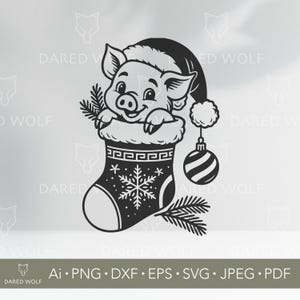 Może przedstawiać: Czarno-biała ilustracja świni w czapce Świętego Mikołaja, wyglądającej z pończochy świątecznej. Pończocha ma wzór płatka śniegu i geometryczny. Z niej wisi paskowana bombka.