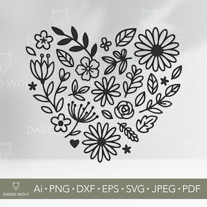 Arte vectorial de corazón floral / SVG de flores bohemias para Cricut y Silhouette / Archivo digital botánico romántico para camisetas, tarjetas y regalos