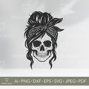 Messy Bun Schädel SVG | Halloween Skelett Mädchen Vektorgrafik | Gruselige Cricut Design für Vinyl | Tag der Toten Digitale Datei