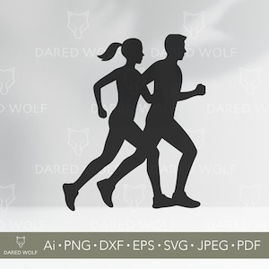 Könnte beinhalten: Eine schwarze Silhouette von zwei Personen beim Laufen, eine mit einem Pferdeschwanz. Das Bild hat den Text "DARED WOLF" und Dateityp-Abkürzungen: Ai, PNG, DXF, EPS, SVG, JPEG und PDF.