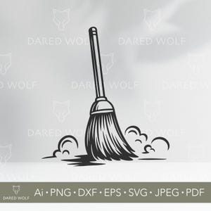 May include: A black and white illustration of a broom sweeping. The broom is angled, with dust clouds rising from the bristles. The image includes the text "DARED WOLF" and file type options: Ai, PNG, DXF, EPS, SVG, JPEG, PDF.