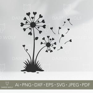 Coração dente-de-leão SVG | Silhueta de flor de amor em vetor para Cricut e Silhouette | Design SVG romântico e soprado pelo vento para vinil e corte a laser