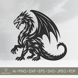 Può includere: Silhouette in bianco e nero di un drago con le ali spiegate. Il drago è rivolto verso il lato sinistro dell'immagine. Il drago ha una lunga coda e artigli affilati.