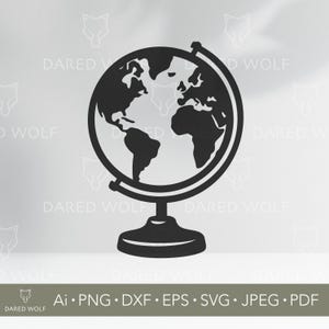 May include: A black and white illustration of a globe on a stand. The globe shows the continents and is held by a circular frame. The base is a rounded shape. The image includes the text "Ai • PNG • DXF • EPS • SVG • JPEG • PDF".
