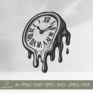 May include: Black and white illustration of a melting clock with Roman numerals. The clock face is partially distorted, with the bottom portion appearing to drip downwards. The image includes the text "DARED WOLF" and file type options.