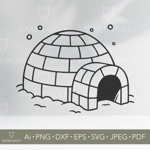 Può includere: Illustrazione in bianco e nero di un igloo con un ingresso ad arco. L'igloo è composto da blocchi rettangolari e ha una cupola arrotondata. L'immagine include il testo "Ai • PNG • DXF • EPS • SVG • JPEG • PDF".