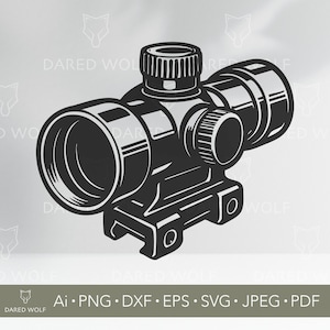 May include: Black and white illustration of a rifle scope. The scope has multiple adjustment knobs and a cylindrical body. The image includes the text "DARED WOLF" and file type formats: Ai, PNG, DXF, EPS, SVG, JPEG, and PDF.