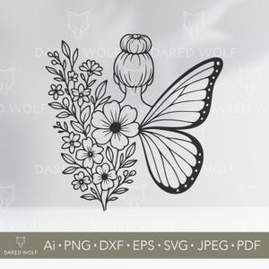 Floral papillon fée SVG | Clipart vectoriel Magical Girl pour Cricut et Silhouette | Fichier numérique ailes fantaisie | Clipart fée à découper en vinyle