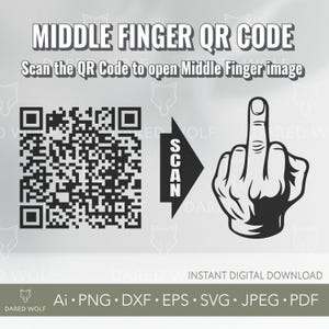 Könnte beinhalten: Eine digitale Grafik mit dem Text "MIDDLE FINGER QR CODE" und "Scan the QR Code to open Middle Finger image." Sie zeigt einen QR-Code, einen Pfeil mit der Aufschrift "SCAN" und eine Schwarz-Weiß-Illustration einer Hand, die den Mittelfinger zeigt.
