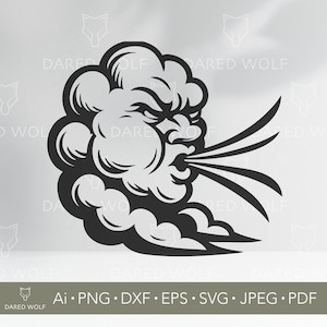May include: A black and white illustration of a cloud with a face blowing wind. The image includes the text "DARED WOLF" and file type options: Ai, PNG, DXF, EPS, SVG, JPEG, and PDF.