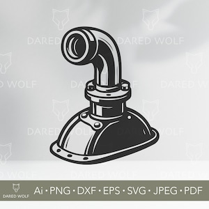 Puede incluir: Ilustración en blanco y negro de un accesorio de tubería industrial vintage. El diseño incluye una sección de tubería curva, una brida circular y una base redondeada. También incluye el texto "DARED WOLF" e información del tipo de archivo.